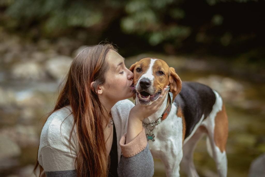 Waterfall hike dog portraits with owner